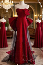 Simple Mermaid Strapless Burgundy Floor Length Formal Prom Dress