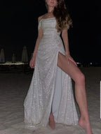 Simple Mermaid Strapless Floor Length Sleeveless Sequin Prom Dress
