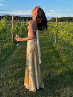 Simple Mermaid Strapless Neckline Long Party Dress Satin Yellow Prom Dresses