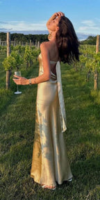 Simple Mermaid Strapless Neckline Long Party Dress Satin Yellow Prom Dresses