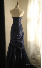 Simple Mermaid Strapless Taffeta Pleated Long Prom Dress Evening Gown