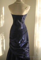 Simple Mermaid Strapless Taffeta Pleated Long Prom Dress Evening Gown