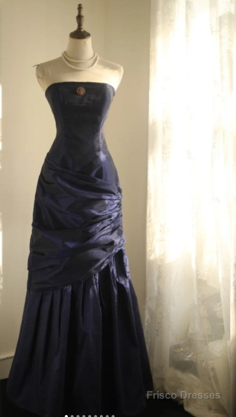 Simple Mermaid Strapless Taffeta Pleated Long Prom Dress Evening Gown