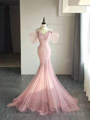 Simple Mermaid Straps Pink Tulle Long Prom Dress