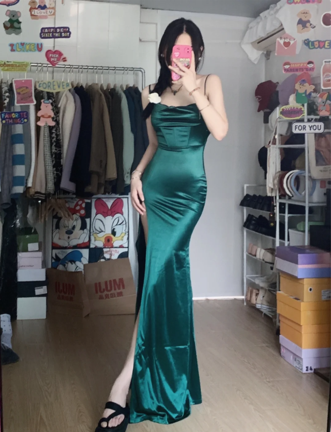 Simple Mermaid Dark Green Thin Strap High Slit Satin Long Prom Dress Evening Dress Secondary image