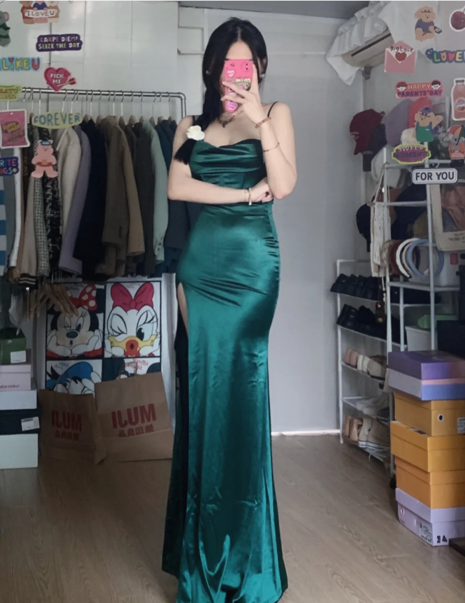 Simple Mermaid Dark Green Thin Strap High Slit Satin Long Prom Dress Evening Dress
