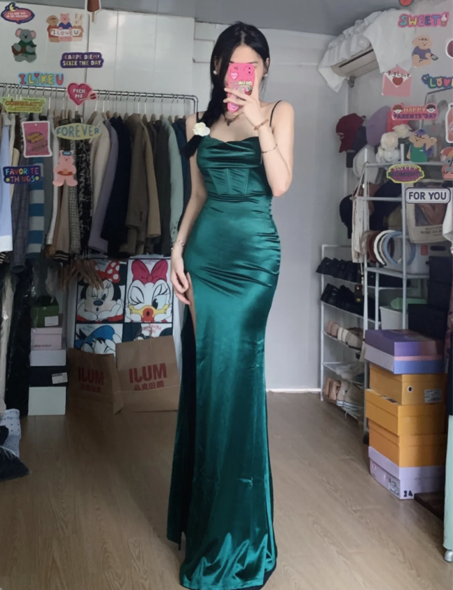 Simple Mermaid Dark Green Thin Strap High Slit Satin Long Prom Dress Evening Dress