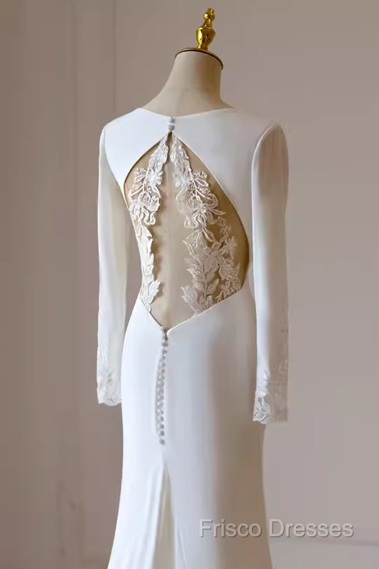 Simple Mermaid V Neckline Satin Ivory Long Sleeves Wedding Dress