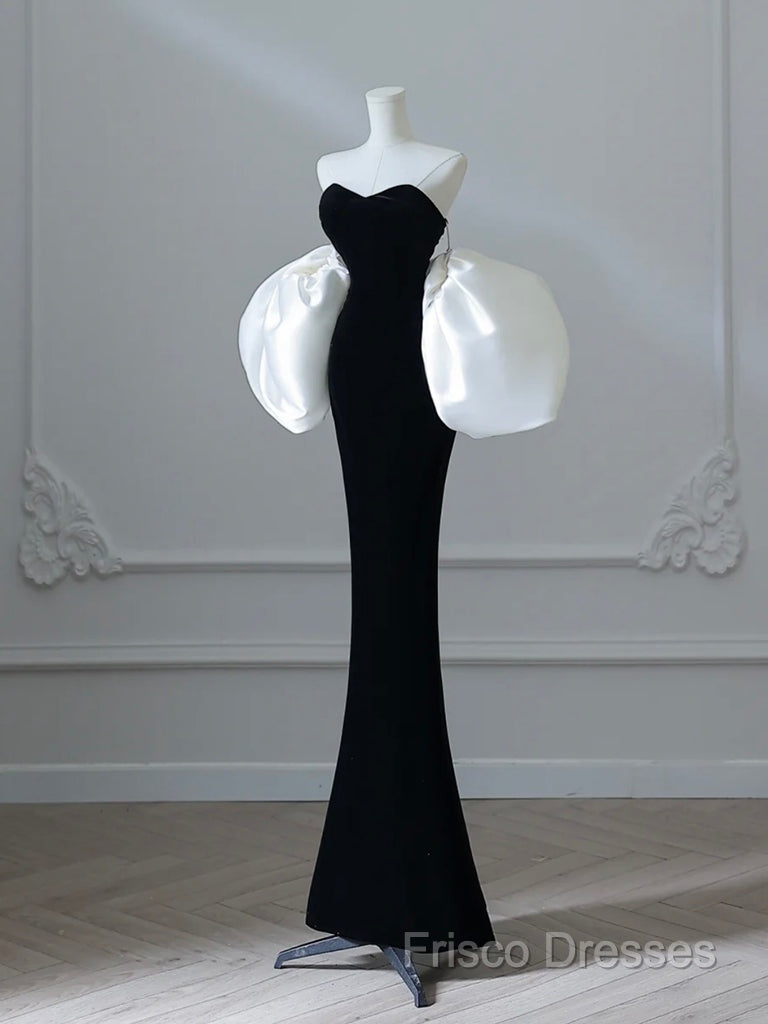 Simple Mermaid Velvet Puff Sleeves Black Long Formal Prom Dress, Black Formal Dress