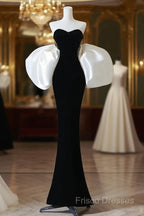 Simple Mermaid Velvet Puff Sleeves Black Long Formal Prom Dress, Black Formal Dress