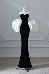 Simple Mermaid Velvet Puff Sleeves Black Long Prom Dress, Black Evening Dress