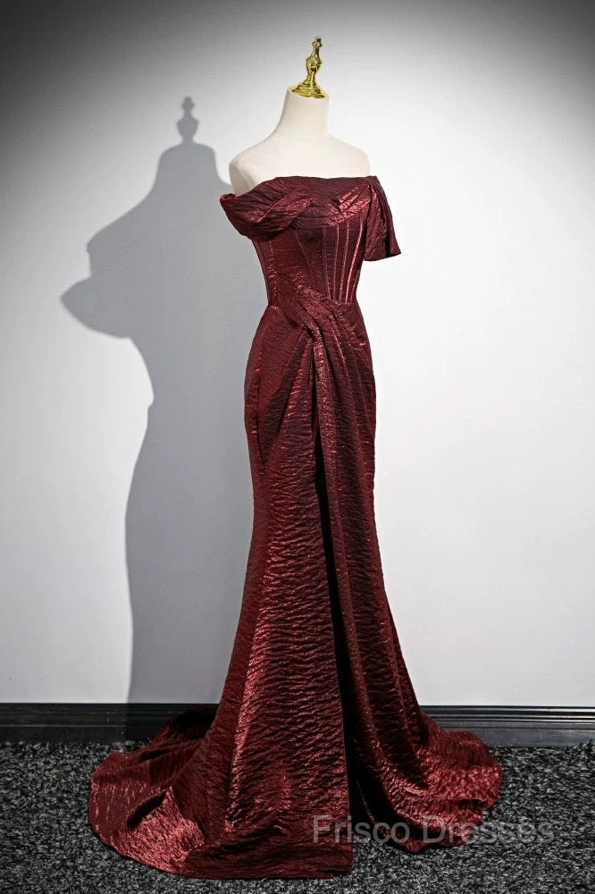 Simple Off Shoulder Burgundy Long Formal Prom Dress, Burgundy Long Formal Dress