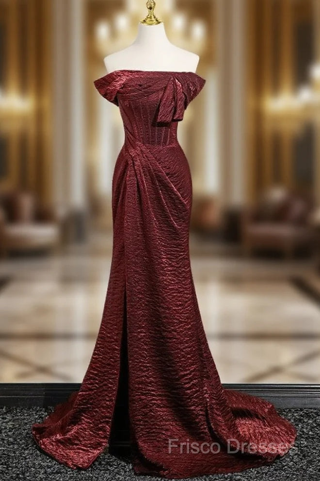 Simple Off Shoulder Burgundy Long Formal Prom Dress, Burgundy Long Formal Dress