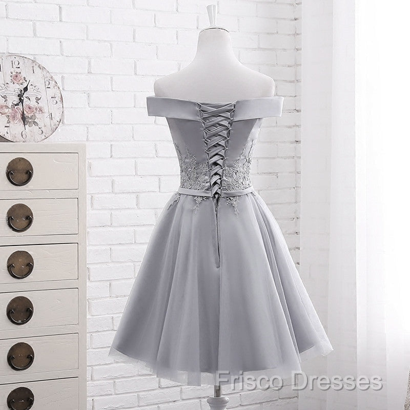 Simple Off Shoulder Grey Tulle Applique Bridesmaid Dress, Knee Length Formal Dress, Party Dress Secondary image