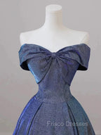 Simple Off Shoulder Satin Blue Long Formal Prom Dress, Blue Long Formal Dress