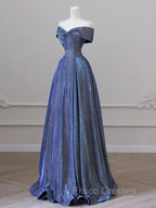 Simple Off Shoulder Satin Blue Long Formal Prom Dress, Blue Long Formal Dress