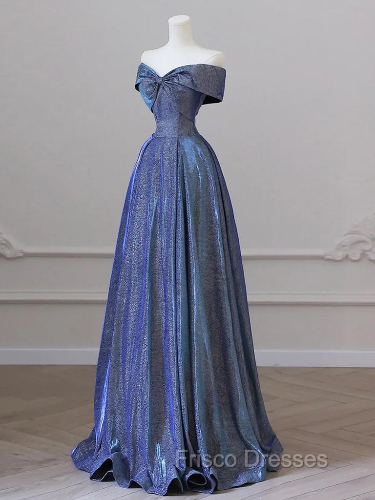 Simple Off Shoulder Satin Blue Long Formal Prom Dress, Blue Long Formal Dress