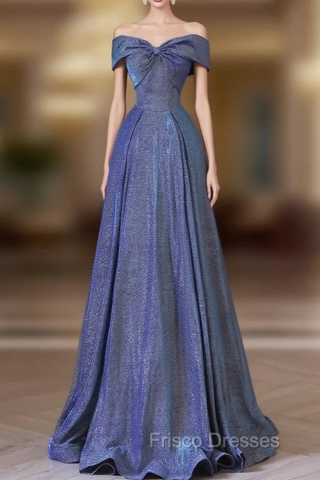 Simple Off Shoulder Satin Blue Long Formal Prom Dress, Blue Long Formal Dress Main image