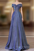 Simple Off Shoulder Satin Blue Long Formal Prom Dress, Blue Long Formal Dress