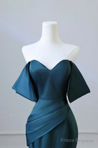 Simple Off Shoulder Satin Ink Blue Long Prom Dress, Ink Blue Mermaid Formal Dress
