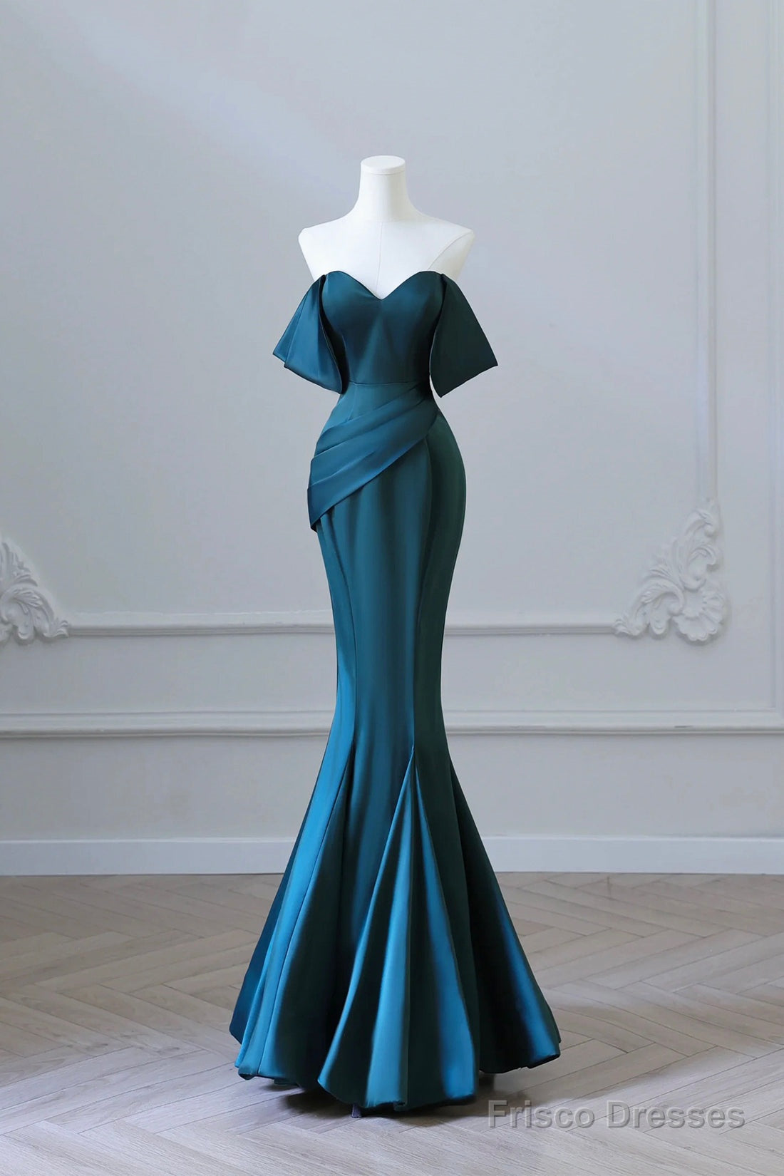 Simple Off Shoulder Satin Ink Blue Long Prom Dress, Ink Blue Mermaid Formal Dress Main image