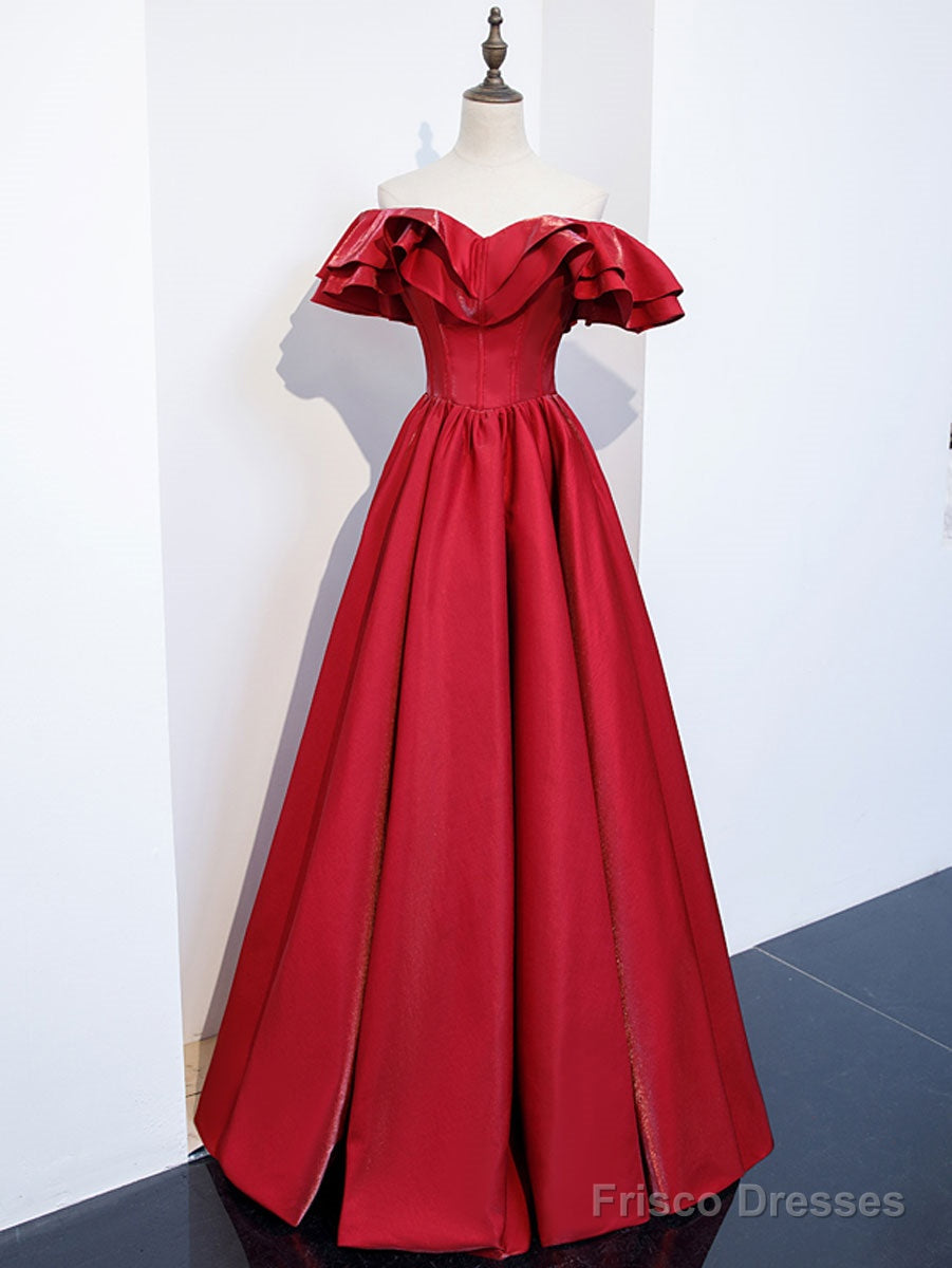 Simple  Off Shoulder Satin Long Prom Dress, Burgundy Evening Dress Main image