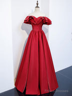 Simple  Off Shoulder Satin Long Prom Dress, Burgundy Evening Dress