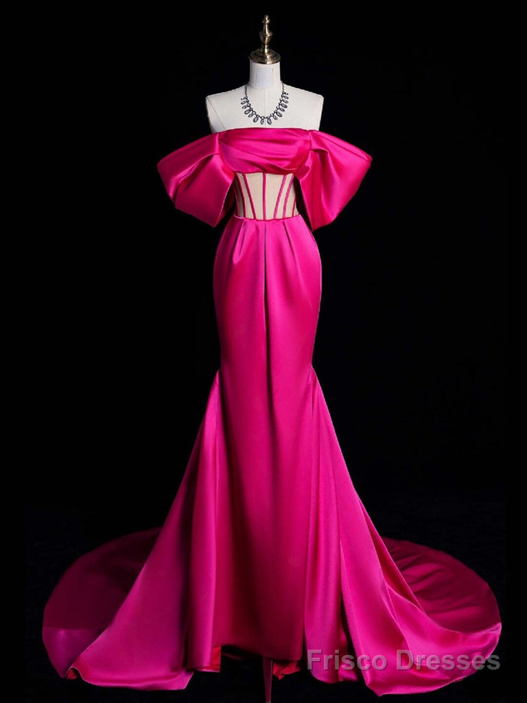 Simple Off Shoulder Satin Mermaid Rose Red Long Prom Dress, Rose Red Evening Dress Main image