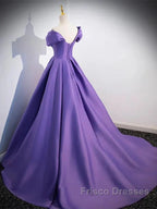 Simple Off Shoulder Satin Purple Long Formal Prom Dress Court Train Dress Evening Dress