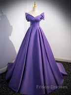Simple Off Shoulder Satin Purple Long Formal Prom Dress Court Train Dress Evening Dress