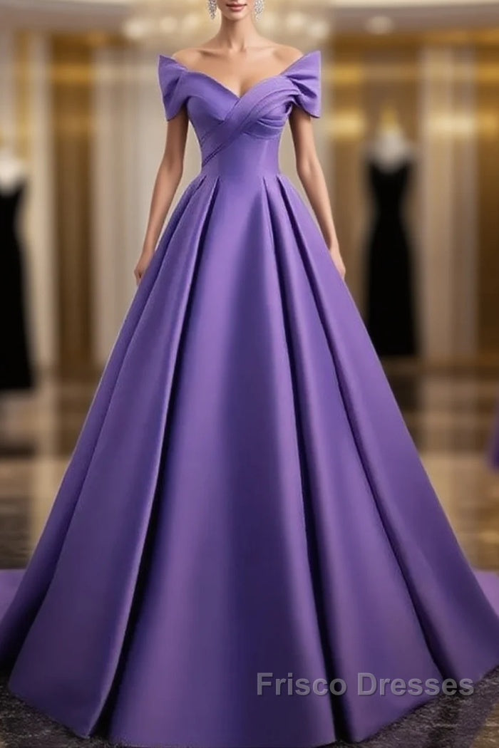 Simple Off Shoulder Satin Purple Long Formal Prom Dress Court Train Dress Evening Dress Main image