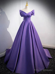 Simple Off Shoulder Satin Purple Long Prom Dress Court Train Dresses Evening Dress