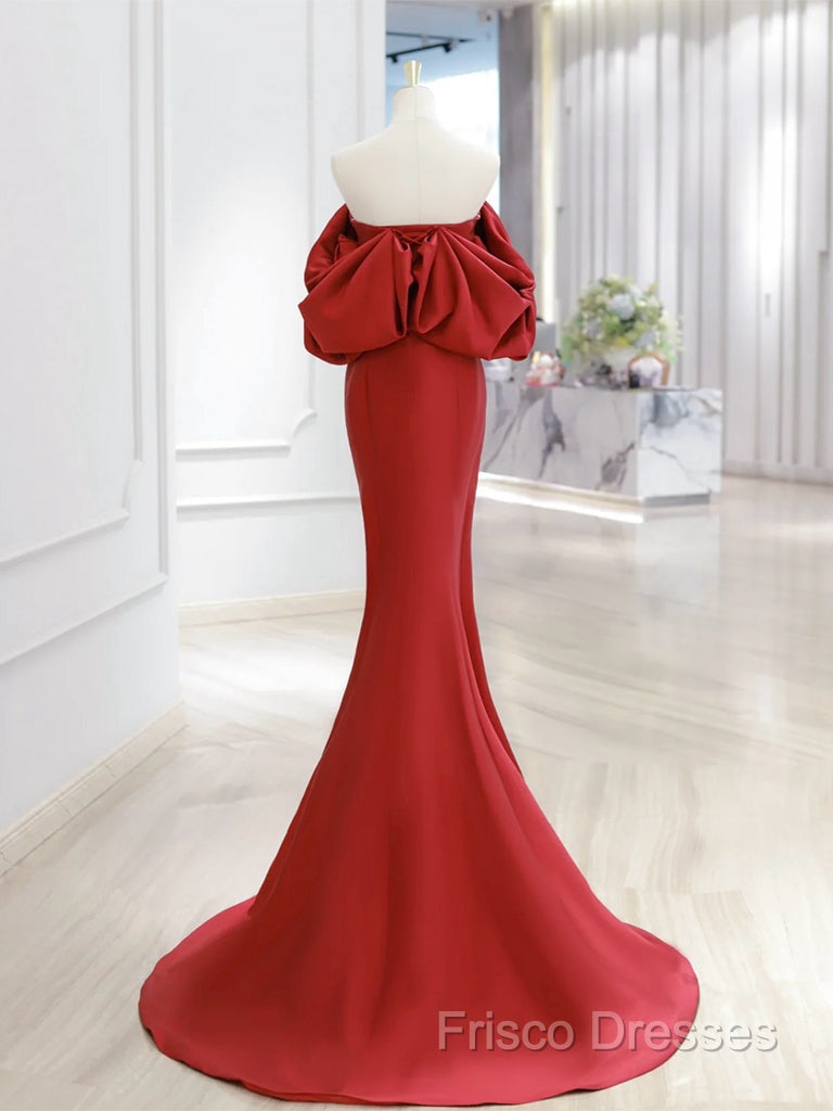 Simple Off Shoulder Satin Red Mermaid Long Formal Prom Dress, Red Long Formal Dress