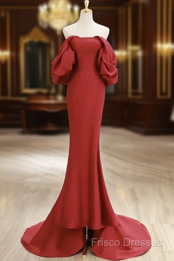 Simple Off Shoulder Satin Red Mermaid Long Formal Prom Dress, Red Long Formal Dress Main image