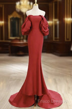 Simple Off Shoulder Satin Red Mermaid Long Formal Prom Dress, Red Long Formal Dress