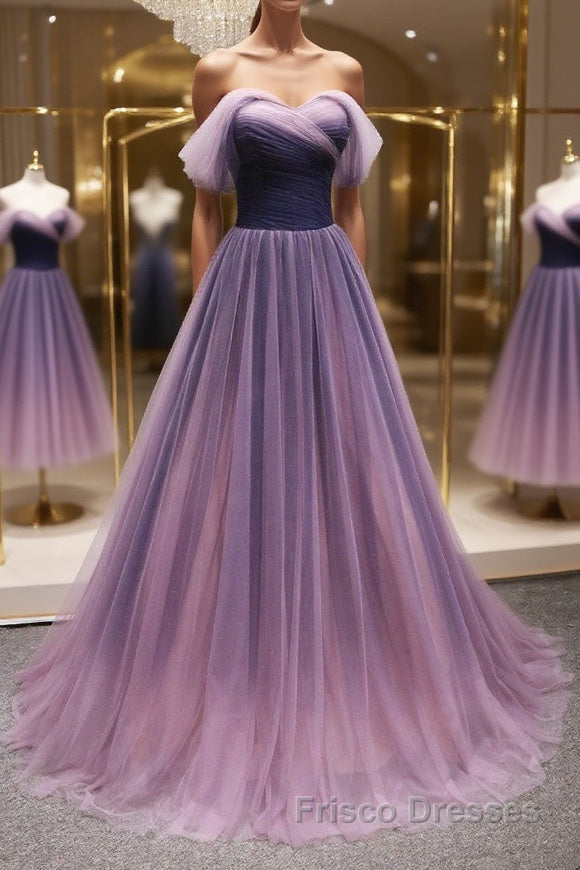 Simple off shoulder tulle long Formal Prom Dresses, tulle formal Dresses Main image