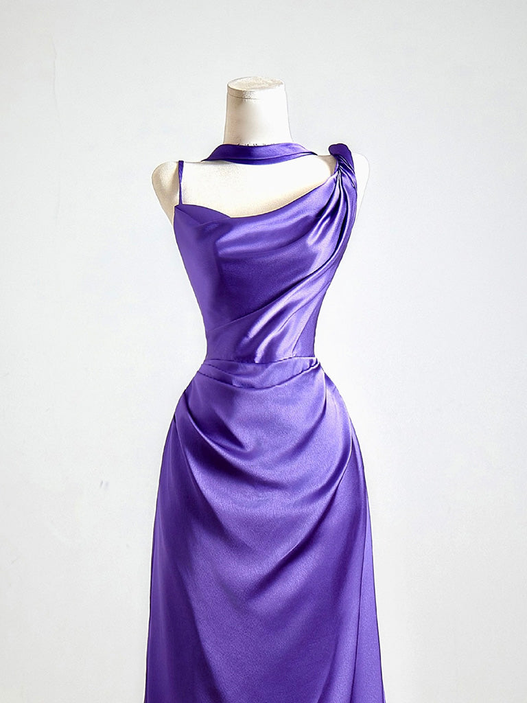 Simple One Shoulder Satin Sweep Train Purple Prom Dress Secondary image