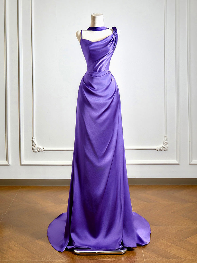 Simple One Shoulder Satin Sweep Train Purple Prom Dress Main image