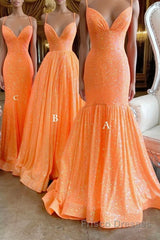 Simple Orange sequin long Formal Prom Dresses orange long evening Dresses