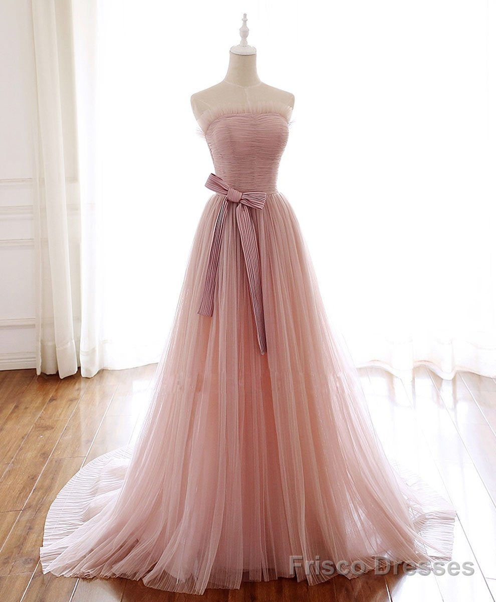 Simple Pink Fashionable Scoop Tulle Long Wedding Party Dress with Bow, Pink Long Formal Dress Secondary image