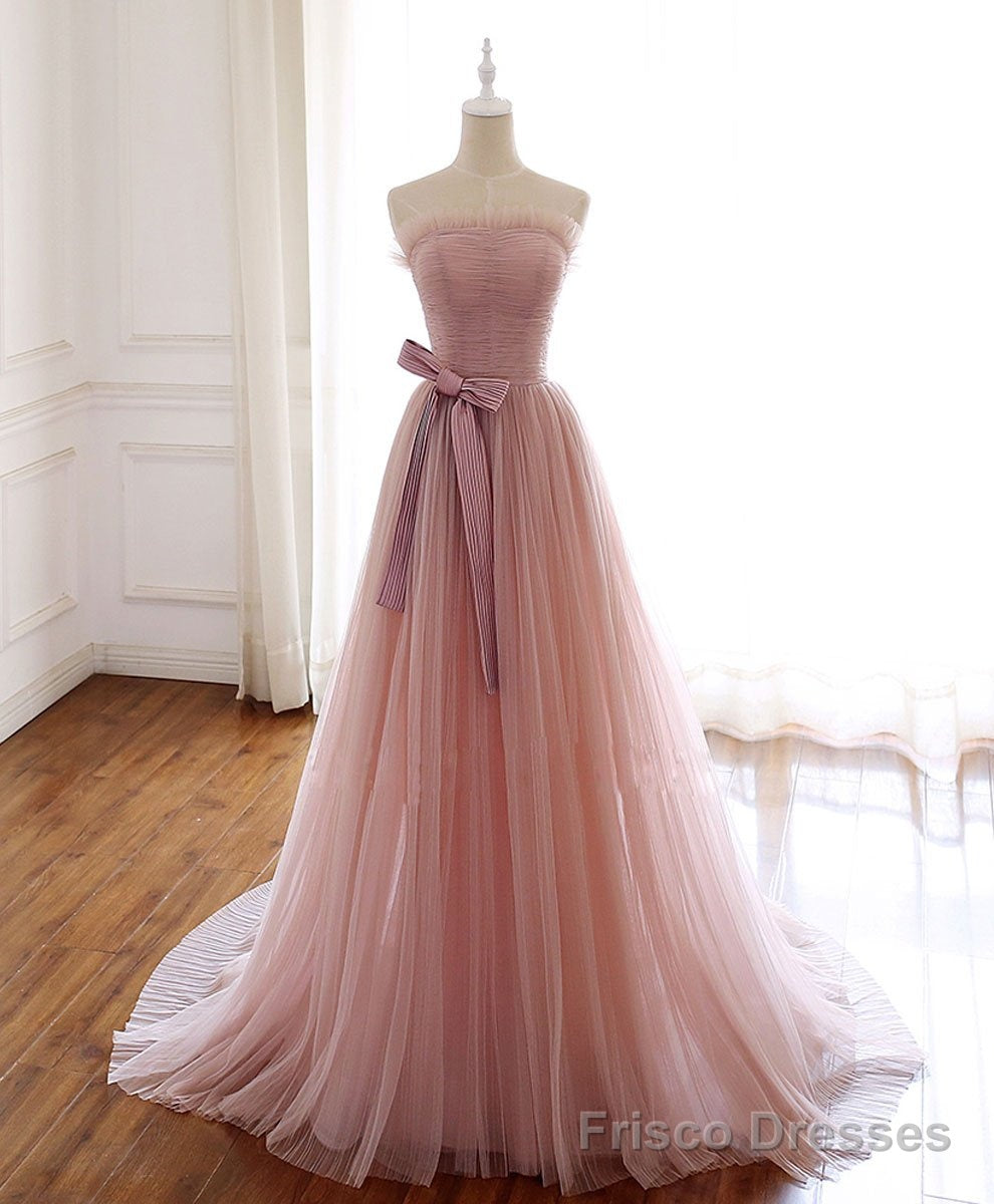 Simple Pink Fashionable Scoop Tulle Long Wedding Party Dress with Bow, Pink Long Formal Dress Main image