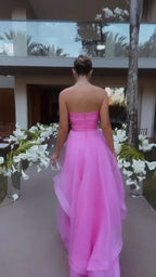 Simple Pink Sleeveless Long Prom Dresses, Strapless Evening Dresses, Pink Celebration Dress