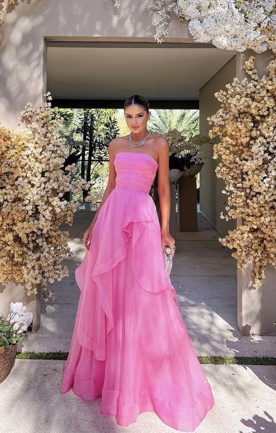 Simple Pink Sleeveless Long Prom Dresses, Strapless Evening Dresses, Pink Celebration Dress