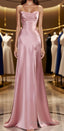 Simple Pink Spaghetti Straps Long Formal Prom Dress with Split