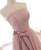 Simple Pink Tulle Long Prom Dress, Aline Pink Tulle Formal Party Dresses