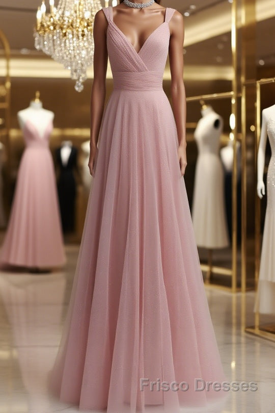 Simple pink tulle long Formal Prom Dresses pink tulle evening Dresses