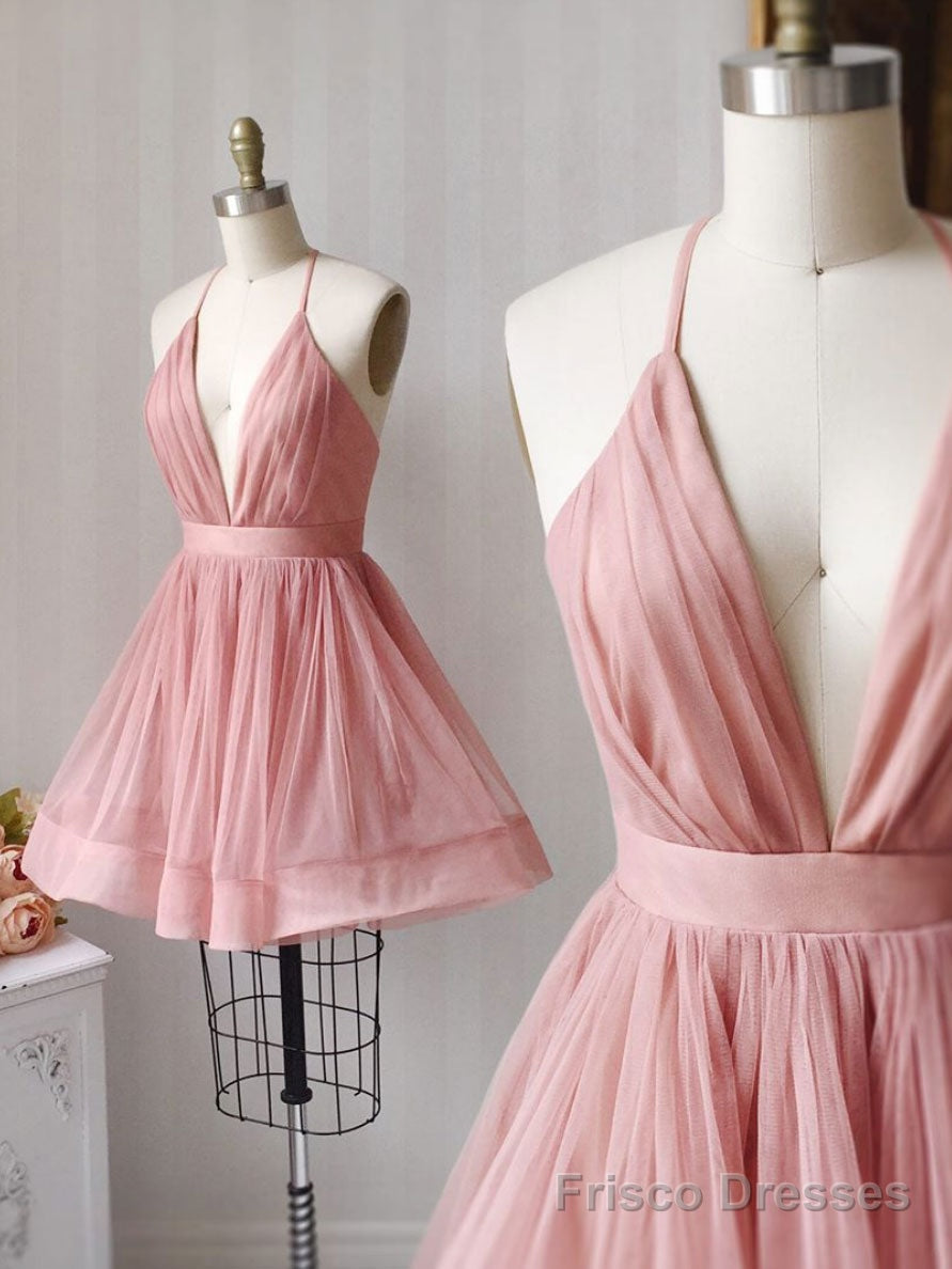 Simple Pink Tulle Short Prom Dress, Aline Pink Bridesmaid Dress Secondary image