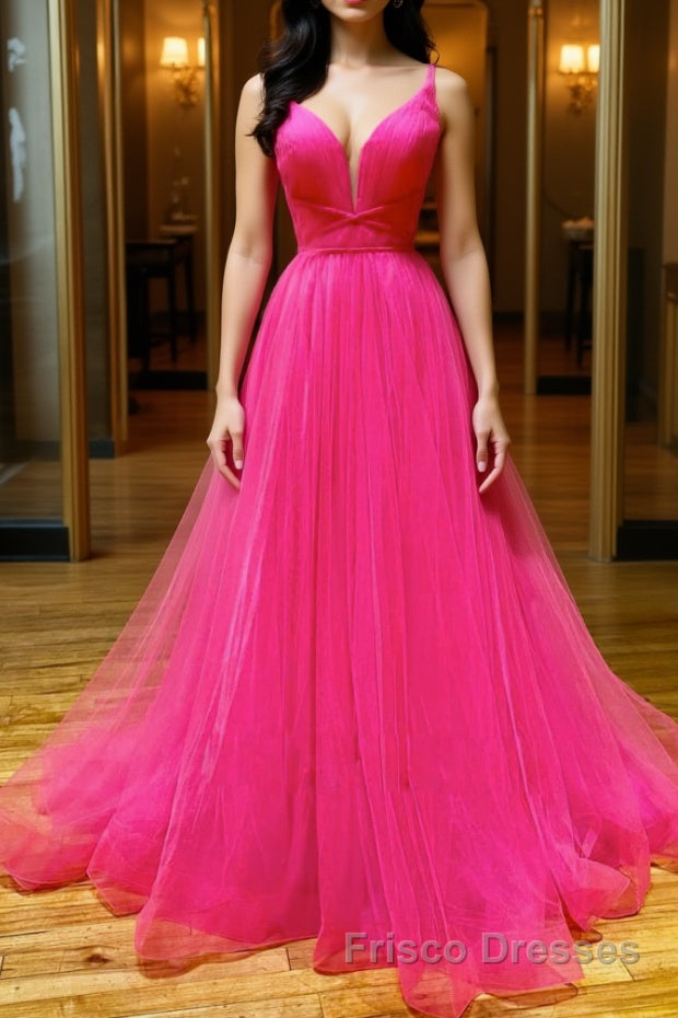 Simple pink v neck tulle long Formal Prom Dresses pink formal Dresses