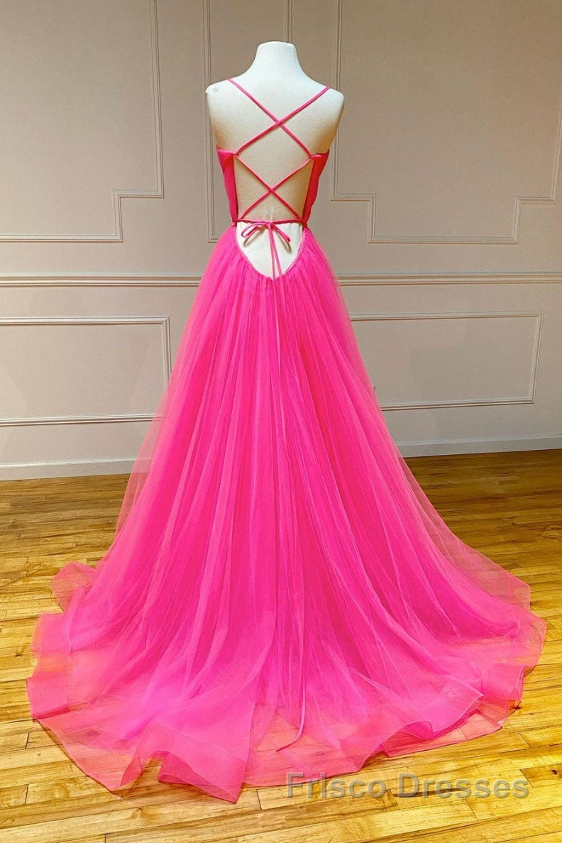 Simple pink v neck tulle long Formal Prom Dresses pink formal Dresses Secondary image