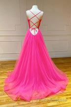 Simple pink v neck tulle long Formal Prom Dresses pink formal Dresses
